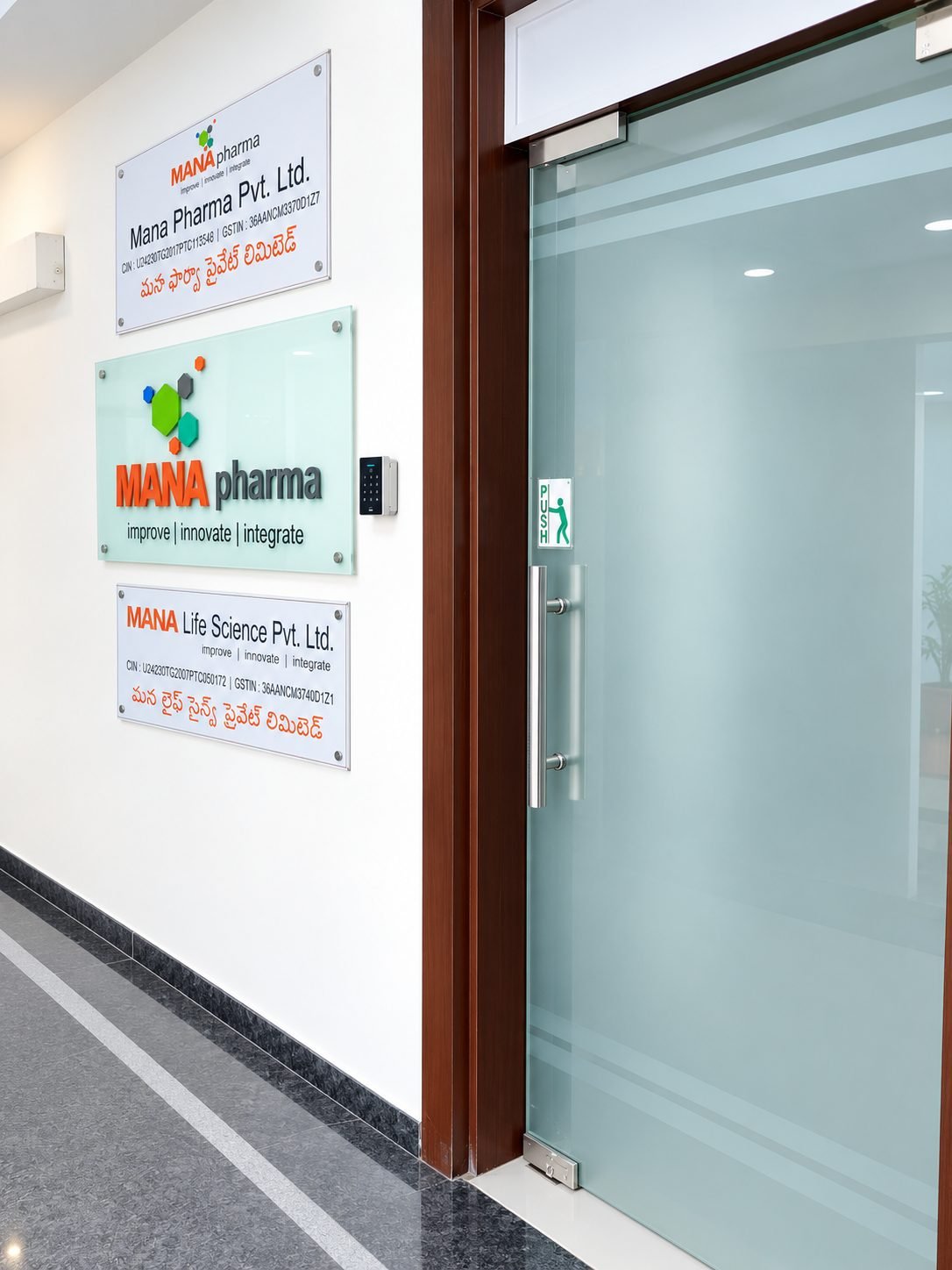 MANA Pharma office entrance with company signage
