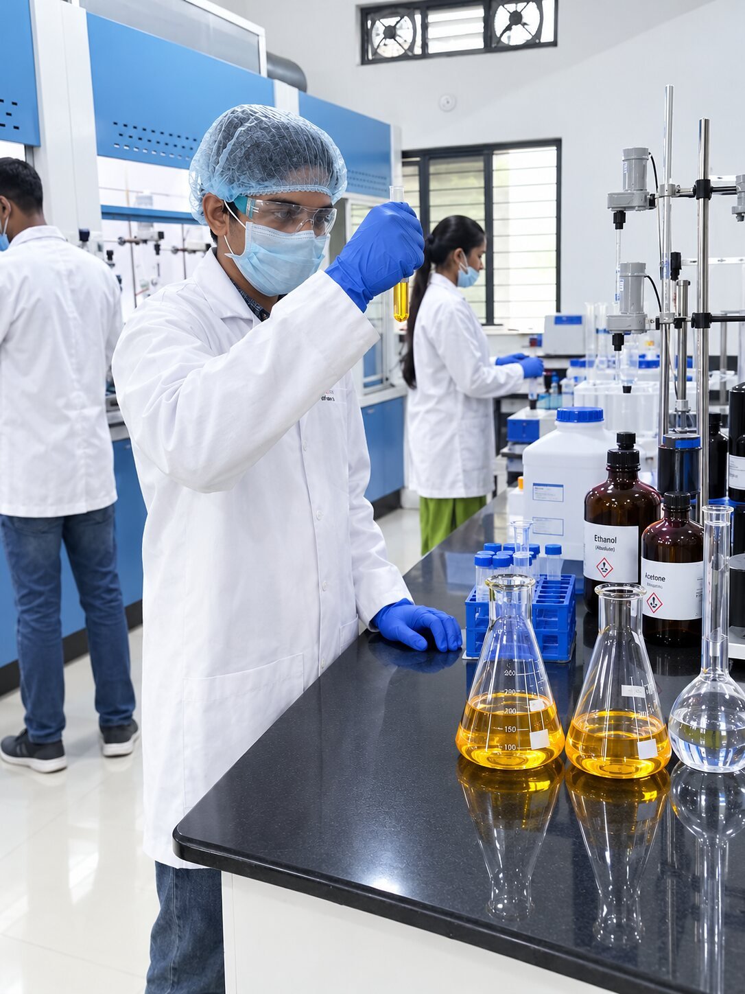 Mana Pharma chemists preparing samples in conical flasks at the R&D chemistry lab bench