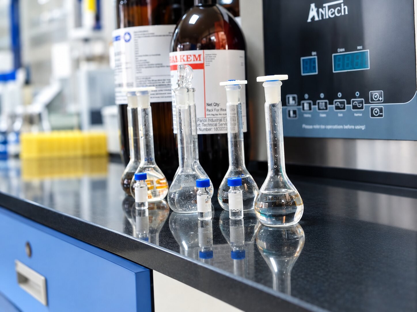Volumetric flasks prepared for analytical work
