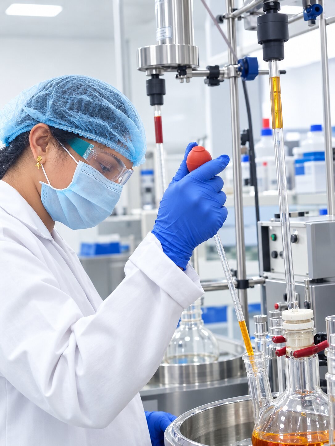 Mana Pharma scientist pipetting a sample from a glass reactor setup in the process lab