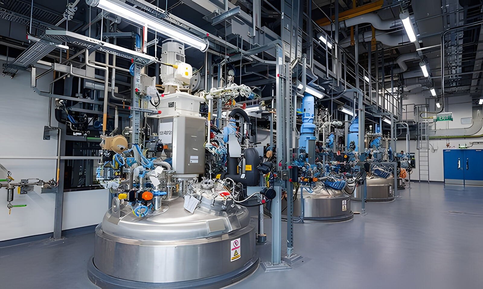 Reactor bay with stainless steel vessels and process piping
