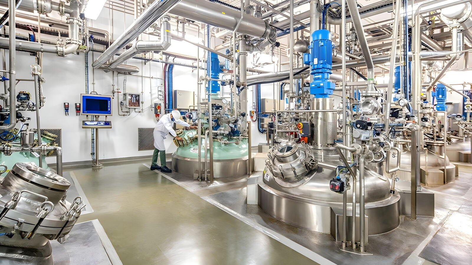 Reactor floor with stainless steel and glass-lined process vessels, agitator drives and transfer piping