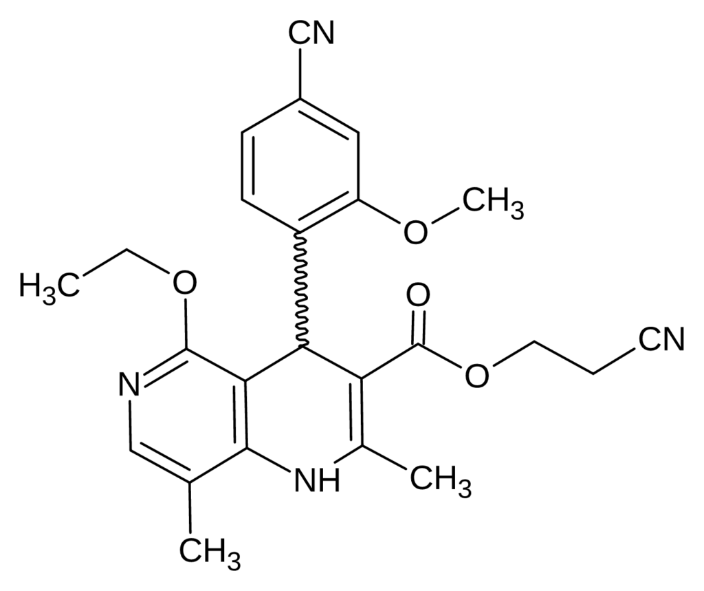 Chemical structure of 2-Cyanoethyl 4-(4-cyano-2-methoxyphenyl)-5-ethoxy-2,8-dimethyl-1,4-dihydro-1,6-naphthyridine-3-carboxylate