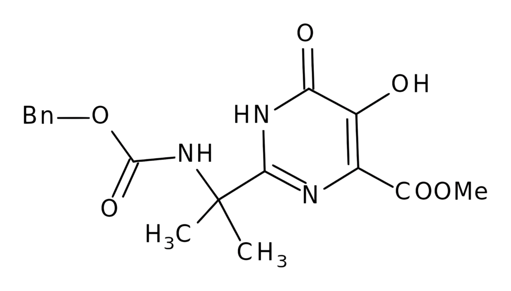 Chemical structure of Methyl 2-(2-(((benzyloxy)carbonyl)amino)propan-2-yl)-5-hydroxy-6-oxo-1,6-dihydropyrimidine-4-carboxylate